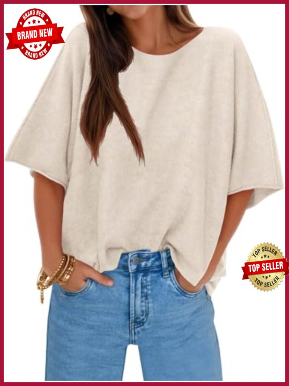 Oversized Half Sleeve Knit Pullover Sweater Boat Neck Casual Top